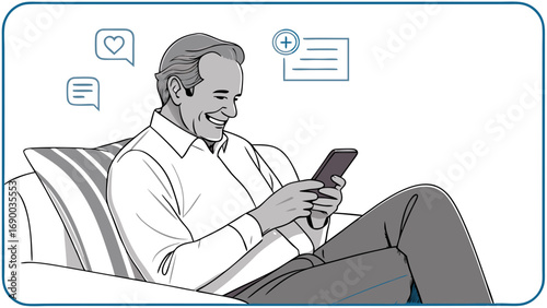 Smiling Man Using Smartphone Relaxing at Home Social Media Communication Online Activity.