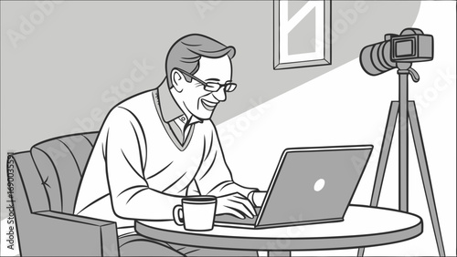 Smiling man working on laptop with camera on tripod in background.