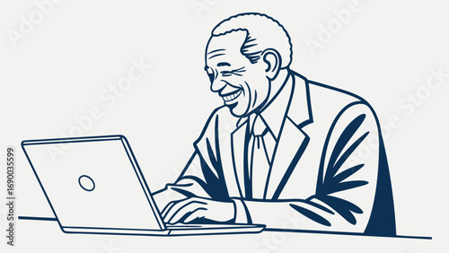 Smiling Senior Businessman Using Laptop Computer Line Art Illustration.