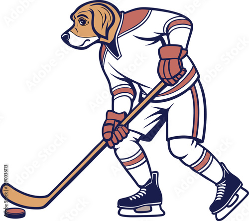 Dog wearing a hockey uniform skating with a stick and puck player ice hockey