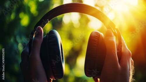 Listening to music in nature a serene outdoor experience with headphones capturing tranquility and connection to the environment