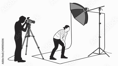 Studio photography silhouette cameraman model lighting equipment photoshoot film production video recording black and white illustration graphic design vector art professional photography image editi.