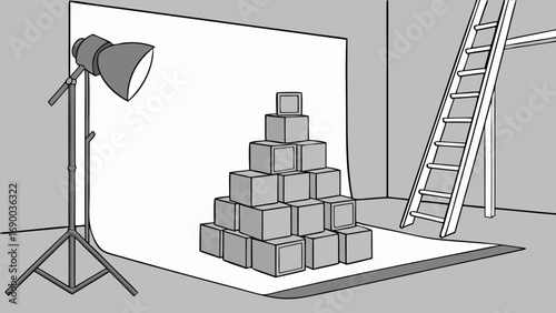 Studio Setup with Boxes Lighting and Ladder for Product Photography or Mockups.
