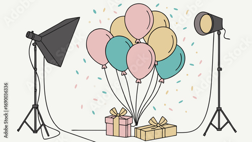 Studio Setup with Balloons Gifts and Lighting for Photography or Illustration.