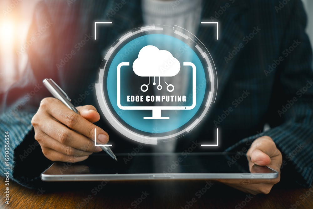 Naklejka premium A digital interface illustrating edge computing on a tablet, symbolizing advanced technology and data processing.