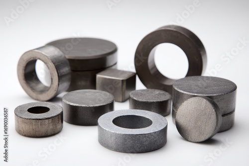 Steel grey silver ferrite toroidal shapes with round edges and strong magnets on white background, powerful magnetic components for technology and engineering.
