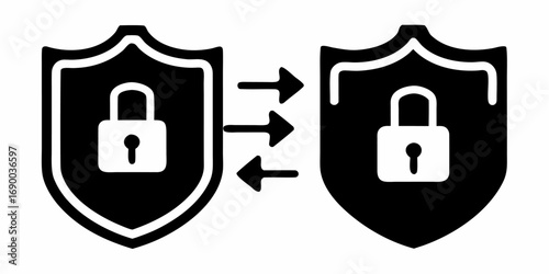 Two shields with padlocks connected by arrows representing secure data transfer or communication | editable eps vectors silhouette