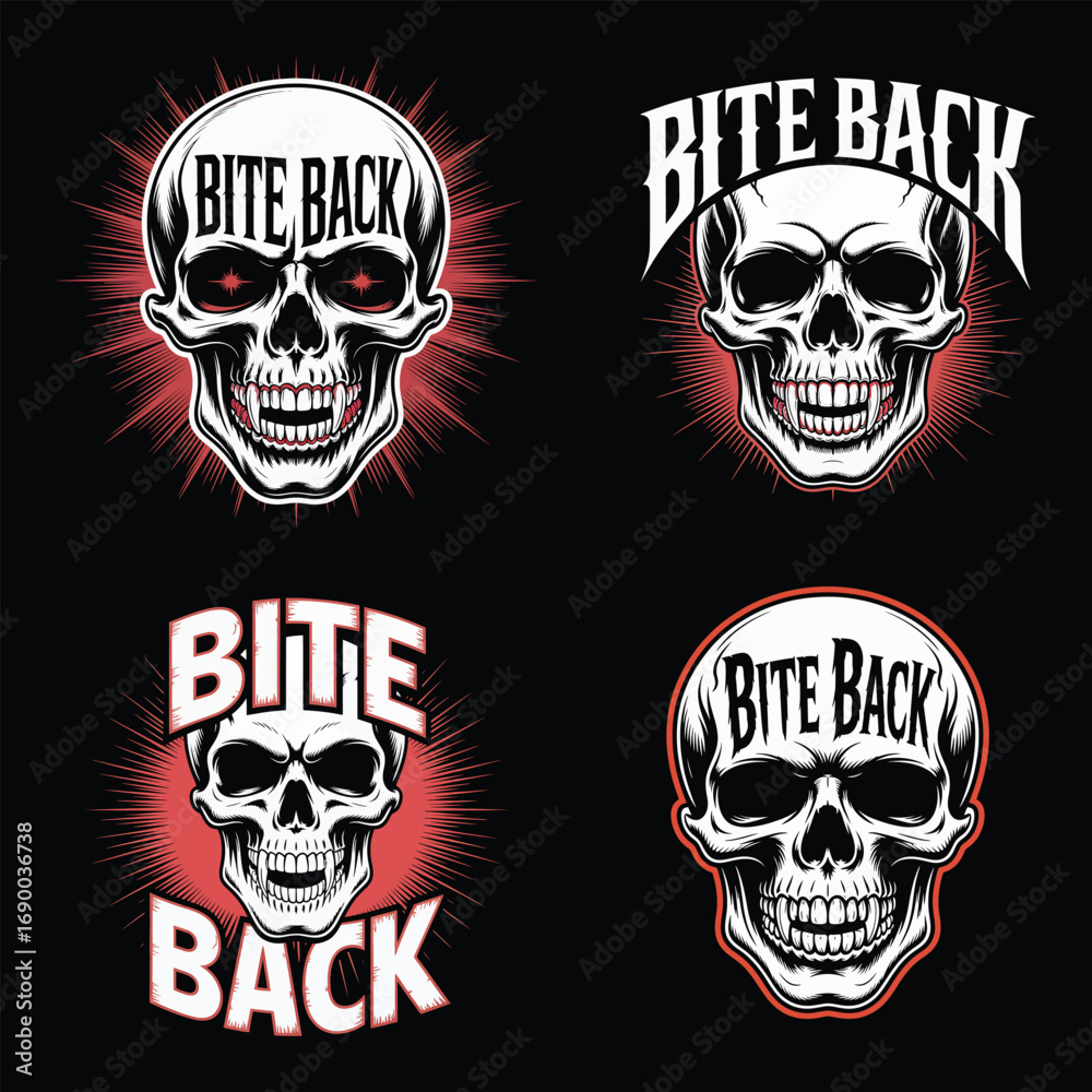 Fototapeta premium Four skull designs with text bite back graphic