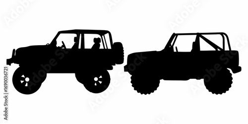 Two off road vehicles are displayed in silhouette against a white background in a side by side view | editable eps vectors
