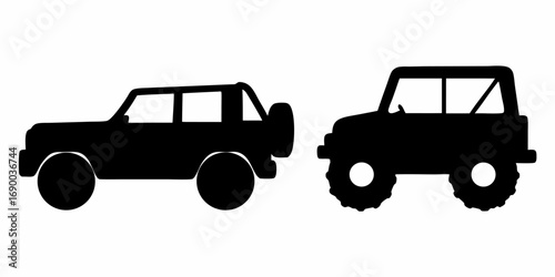 Two off road vehicles in black silhouette showcasing different tire and body styles on a white background | editable eps vectors