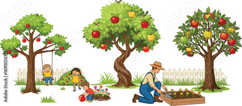 Children playing in garden with apple trees, farmer gardening, kids enjoying nature, planting flowers, outdoor activities, countryside, farming, harvest