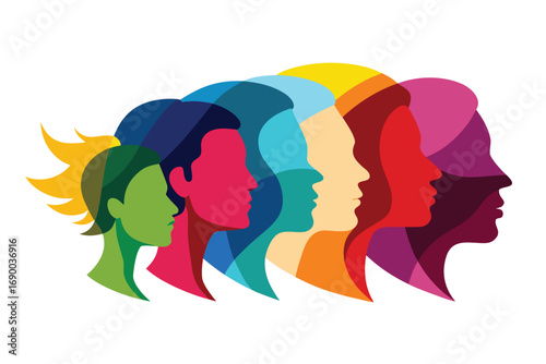 Colorful Abstract Faces in Profile, Diverse People Illustration on a White Background