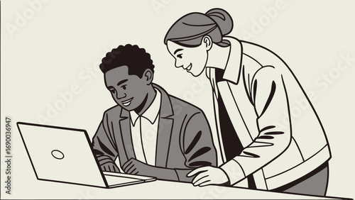 Two colleagues collaborating on a laptop teamwork concept illustration.