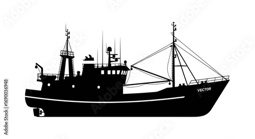 Silhouette of a large fishing trawler with nets and rigging.
