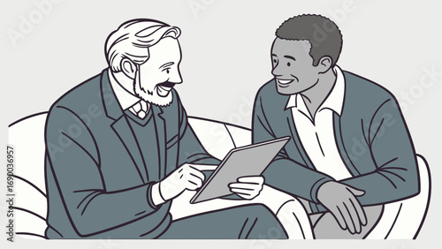 Two diverse men sitting and discussing using a tablet.