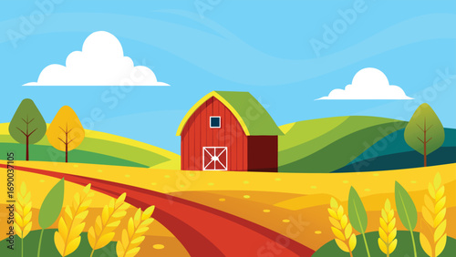 Colorful Cartoon Illustration of a Red Barn, Wheat Field, and Rolling Green Hills