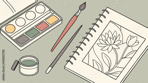 Watercolor painting supplies sketchbook with floral drawing paintbrushes art tools creative hobby artist workspace design elements illustration flat lay top view overhead shot stationery craft suppli.