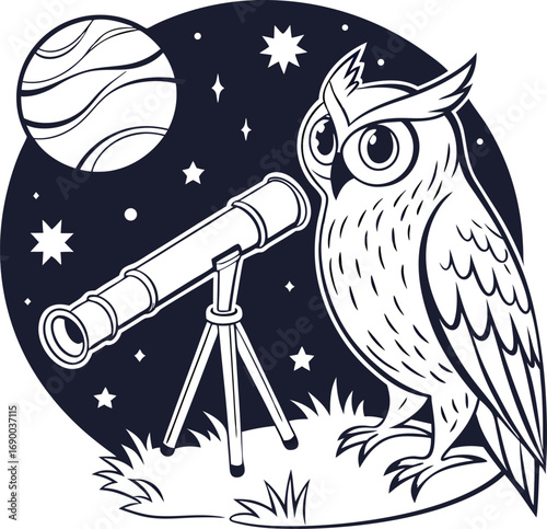 Owl Looking Through a Telescope at the Night Sky with a Moon Keywords: owl, telescope, night sky, moon, stars, astronomy, science, discovery, learning, knowledge, wisdom