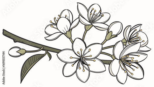 White Blossom Branch Spring Flowers Botanical Illustration Floral Design Element Nature Artwork.