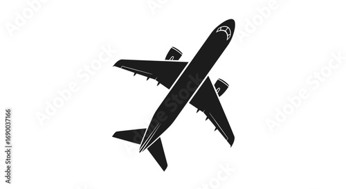 A simple black silhouette icon of a commercial passenger jet airplane from a top-down perspective.