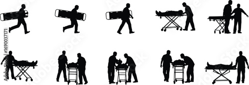 Emergency stretcher, patient transport, medical rescue, hospital silhouette, healthcare worker, ambulance staff, doctor, nurse, emergency response, vector illustration