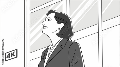 Woman in business attire looking upward black and white illustration 4k resolution profile view.