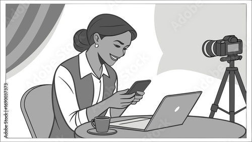 Woman using smartphone and laptop with camera on tripod in background.