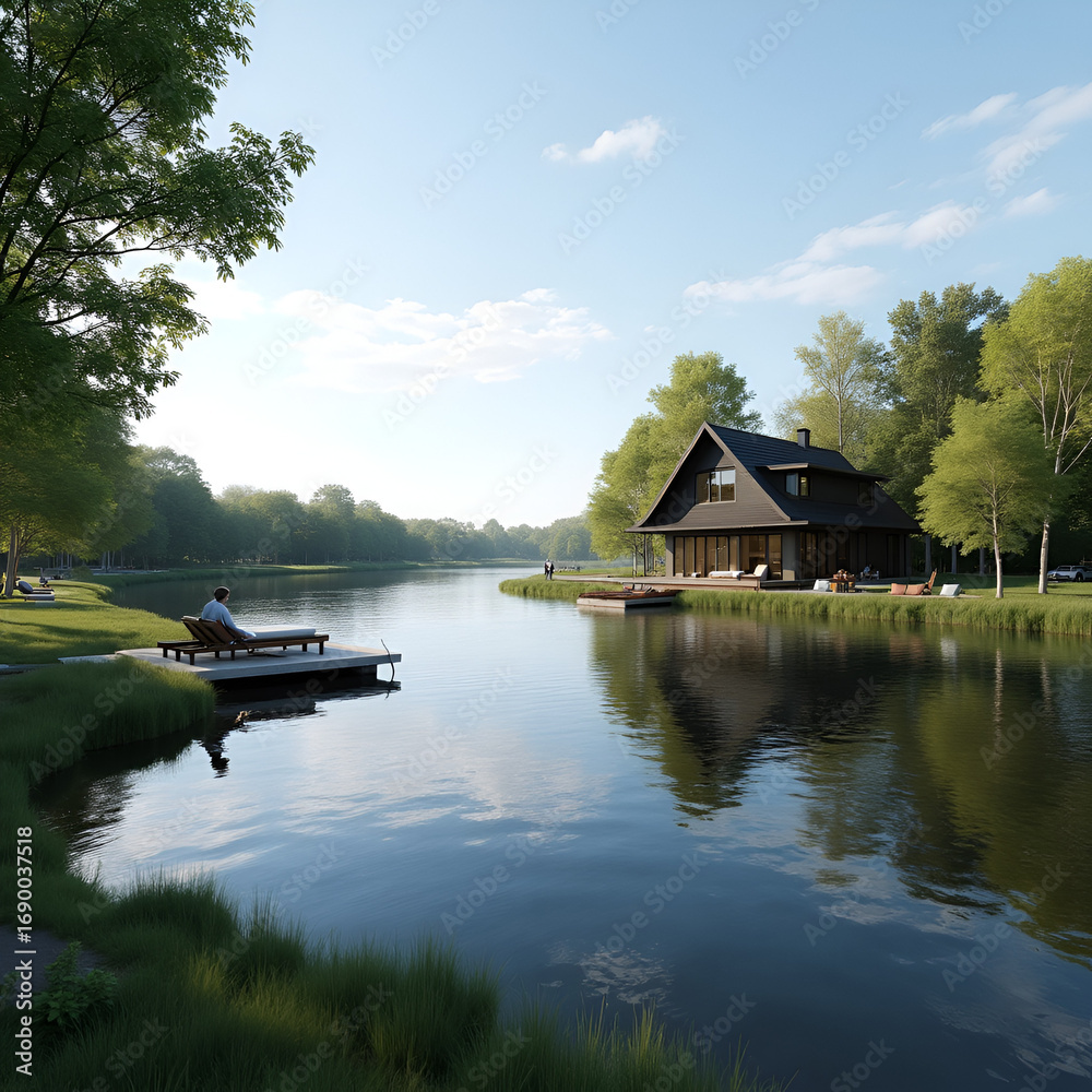 Obraz premium a tranquil lakeside retreat on a sunny day.