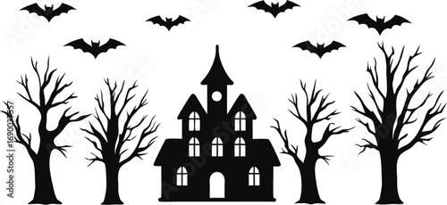 Spooky Halloween Scene with Haunted House Bats and Bare Trees Silhouette Keywords: Halloween, spooky, haunted house, bats, trees, bare trees, silhouette, night, dark, creepy