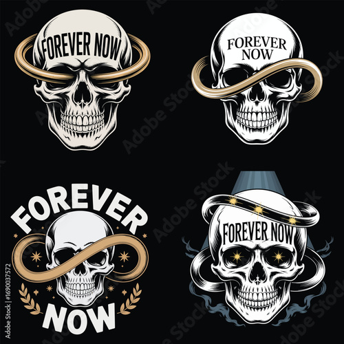 Skulls with golden rings and text forever now infinity symbol