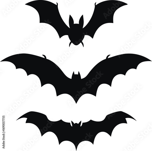 Three black silhouette bat icons flying with wings spread on a white background spread wings