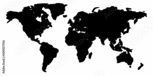World map silhouette showing all continents in black and white geographical representation of earth | editable eps vectors