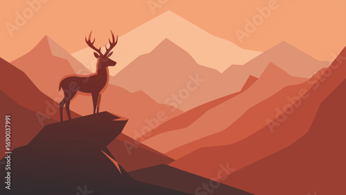 Deer Silhouette on Cliff Overlooking Mountain Range in Sunset Orange Landscape Art Style
