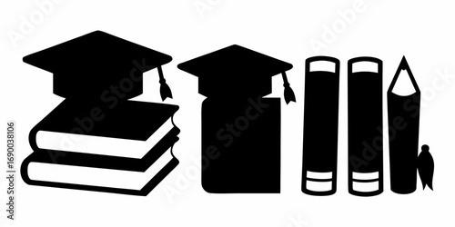 Silhouette illustration with graduation caps on books and pencils representing education and academic success | editable eps vectors