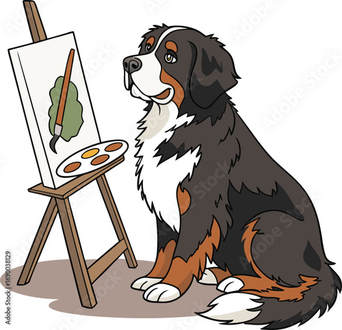 Bernese Mountain Dog artist painting a tree on an easel with a palette of colors vector illustration