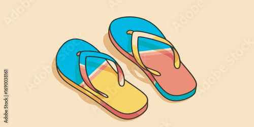 High quality vector illustration of flip flop sandals with clean minimal outlines, solid bright colors, and subtle gradients.