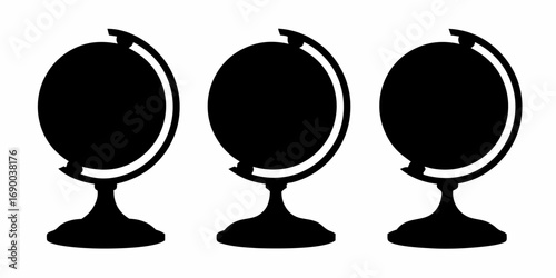 Three black globes on stands in a row against a white background offering a simple and clean design | editable eps vectors silhouette