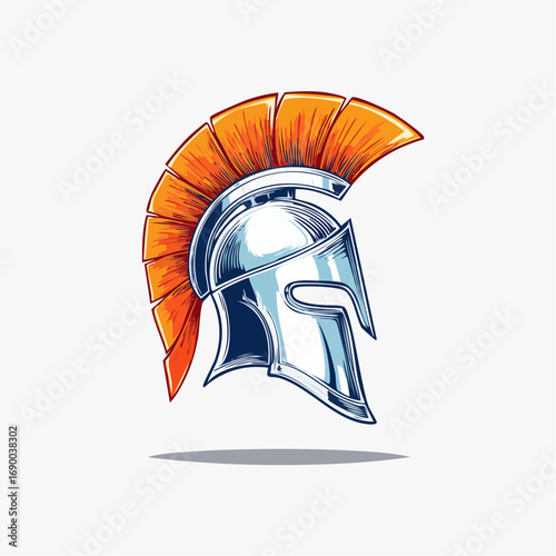 Ancient warrior's metallic helmet with a vibrant orange crest, symbolizing strength and historical military might