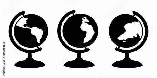 Three black and white globes on stands displaying different continents and geographical locations shown | editable eps vectors silhouette