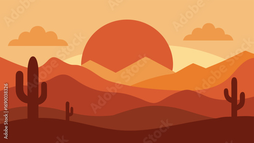 Desert Landscape Illustration with Cacti, Mountains, Sunset, and Clouds in Warm Tones