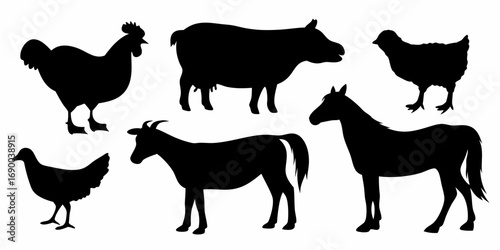 Silhouette depiction of farm animals including chickens cow goat and horse in a vector illustration | editable eps vectors