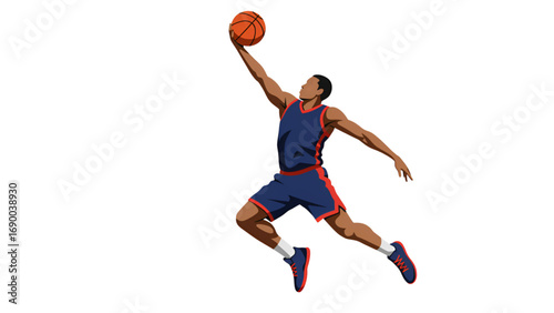 Dynamic vector illustration of a basketball player jumping high with ball in hand for slam dunk action