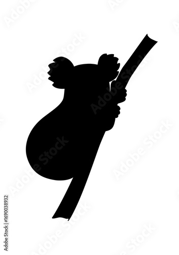 Black silhouette of a koala clinging to a tree branch