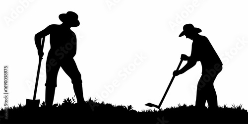 Silhouette of two farmers working in the field with shovels and hoes under a bright white background | editable eps vectors