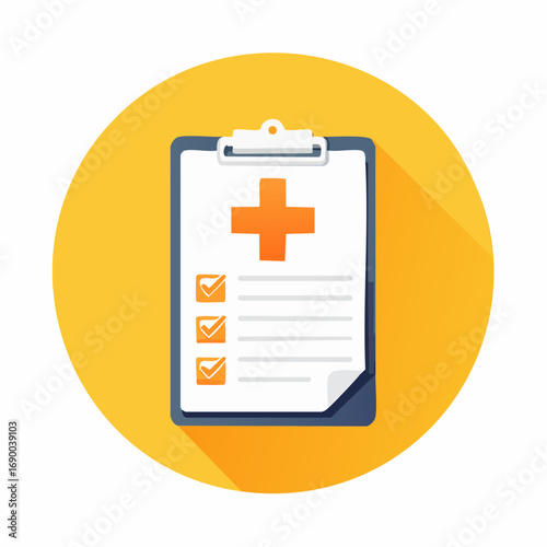 A flat design icon depicting a medical clipboard with a health report and checkmarks on a yellow background.