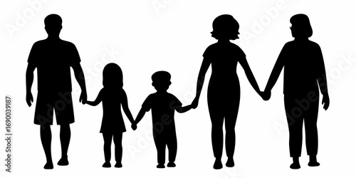 Silhouette of a family holding hands including father mother grandmother and two children walking together | editable eps vectors