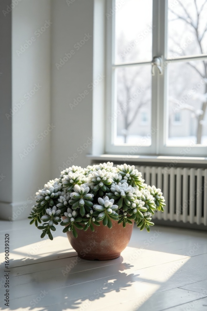 Fototapeta premium Winter's Embrace A frost-kissed succulent in a terracotta pot basks in the sunlit warmth of a bright room, a peaceful indoor scene.