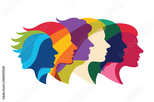 Diverse Row of Silhouette Faces in Varied Colors Overlapping on a White Background