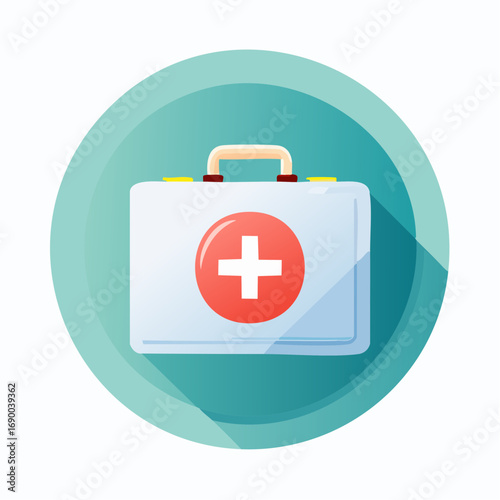 A white first aid kit with a prominent red cross symbol on its front, set against a teal circular background in a flat design style.