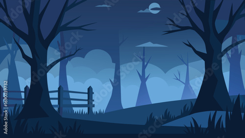 Eerie Blue Night Forest Cartoon Landscape with Bare Trees, Wooden Fence and Moon